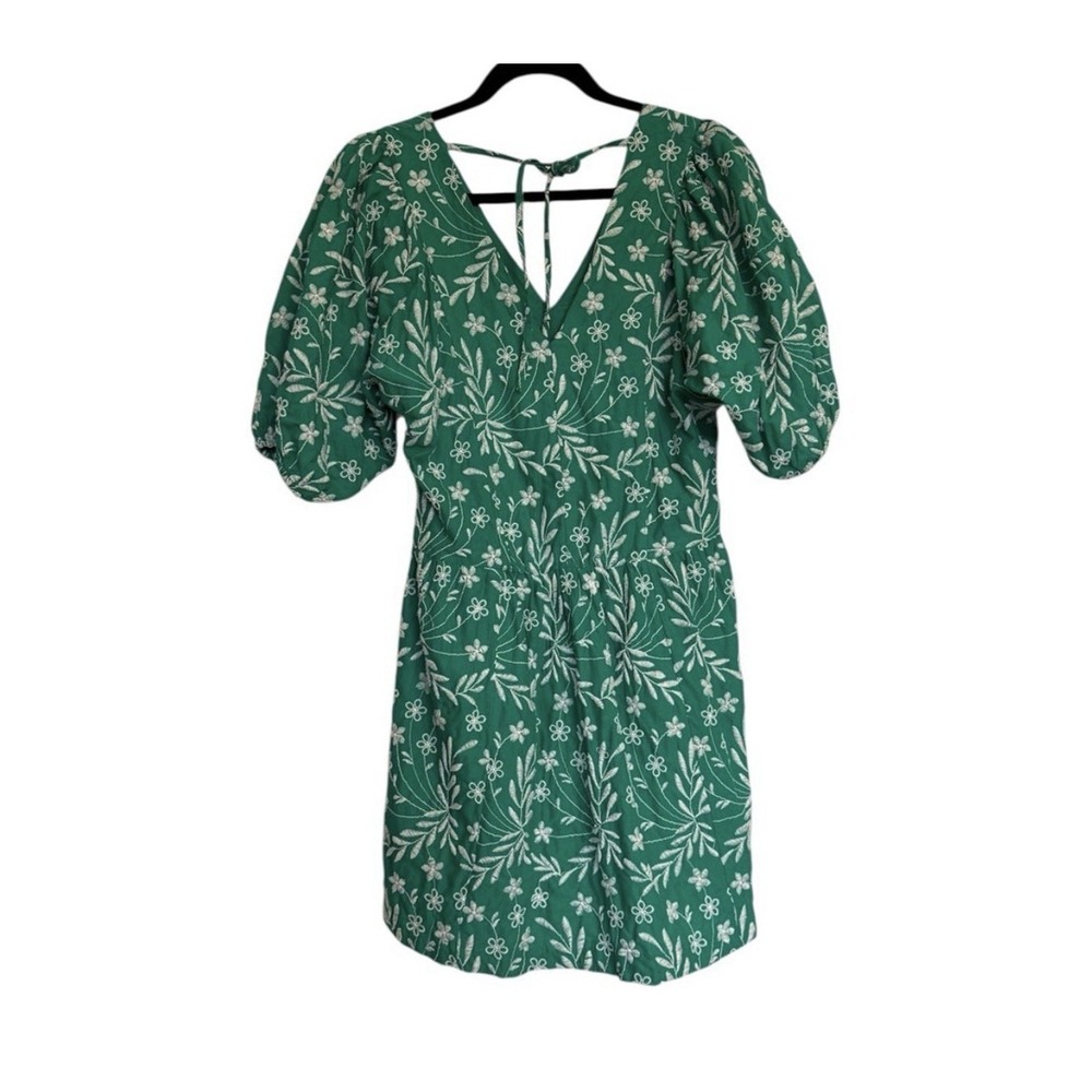 Draper James Green White Floral Embroidered V-Neck Puff Sleeve Dress XS